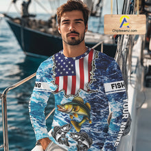 Load image into Gallery viewer, American Flag Walleye Fishing blue sea camo custom patriotic long sleeves performance fishing shirts NQS11191