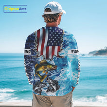 Load image into Gallery viewer, American Flag Walleye Fishing blue sea camo custom patriotic long sleeves performance fishing shirts NQS11191