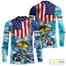 Load image into Gallery viewer, American Flag Walleye Fishing blue sea camo custom patriotic long sleeves performance fishing shirts NQS11191