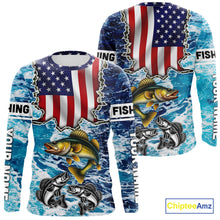 Load image into Gallery viewer, American Flag Walleye Fishing blue sea camo custom patriotic long sleeves performance fishing shirts NQS11191