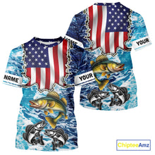 Load image into Gallery viewer, American Flag Walleye Fishing blue sea camo custom patriotic long sleeves performance fishing shirts NQS11191