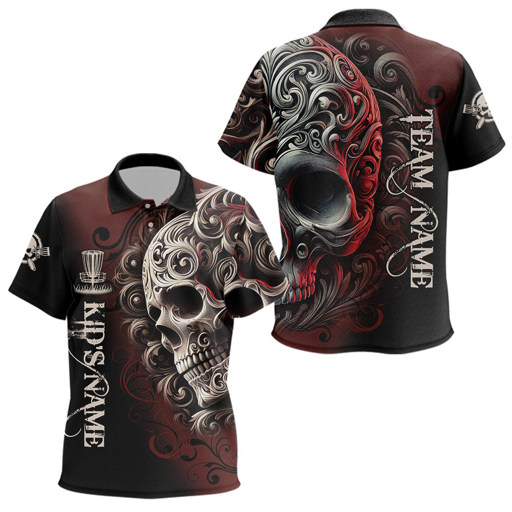 Red and Black Skull Scroll Kid Disc golf polo shirt custom name and team name disc golf jerseys NQS9330