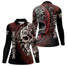 Load image into Gallery viewer, Red and Black Skull Scroll Women Disc golf polo shirts custom name and team name disc golf jerseys NQS9330