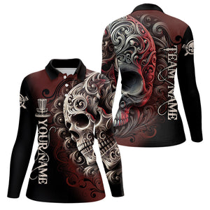 Red and Black Skull Scroll Women Disc golf polo shirts custom name and team name disc golf jerseys NQS9330