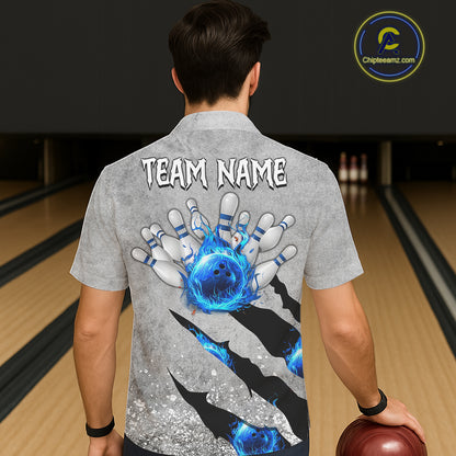Blue flame bowling ball jerseys Gray grunge custom bowling hawaiian shirts, bowling league shirts NQS11396