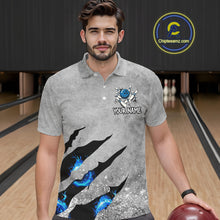 Load image into Gallery viewer, Blue flame bowling ball jerseys Gray grunge custom bowling shirts for men, bowling league shirts NQS11396