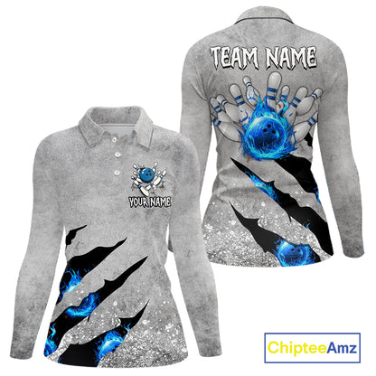 Blue flame bowling ball jerseys Gray grunge custom bowling shirts women, bowling league shirts NQS11396