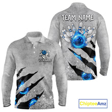 Load image into Gallery viewer, Blue flame bowling ball jerseys Gray grunge custom bowling shirts for men, bowling league shirts NQS11396