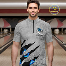 Load image into Gallery viewer, Blue flame bowling ball jerseys Gray grunge custom bowling shirts for men, bowling league shirts NQS11396