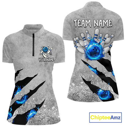 Blue flame bowling ball jerseys Gray grunge custom bowling shirts women, bowling league shirts NQS11396
