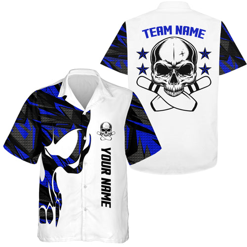 Blue and white Bowling Hawaiian Shirt custom name and team name Skull Bowling, team bowling shirts NQS4699