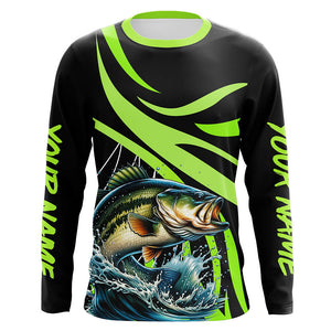 Personalized Largemouth Bass Long Sleeve Fishing Shirts, Bass Tournament Fishing Jerseys | Green NQS7421