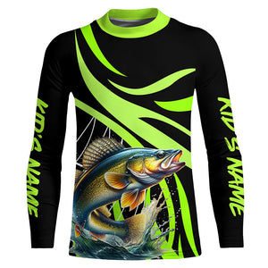 Personalized Walleye Long Sleeve Fishing Shirts, Walleye Tournament Fishing Jerseys | Green NQS7424