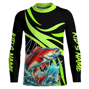 Personalized Redfish puppy Long Sleeve Fishing Shirts, Red drum Tournament Fishing Jerseys | Green NQS7425