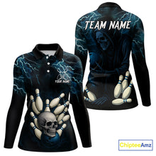 Load image into Gallery viewer, Blue Thunder Lightning Skull Reaper Bowling Polo, 1/4 Zip Shirts For Women Custom team bowling jerseys NQS9849