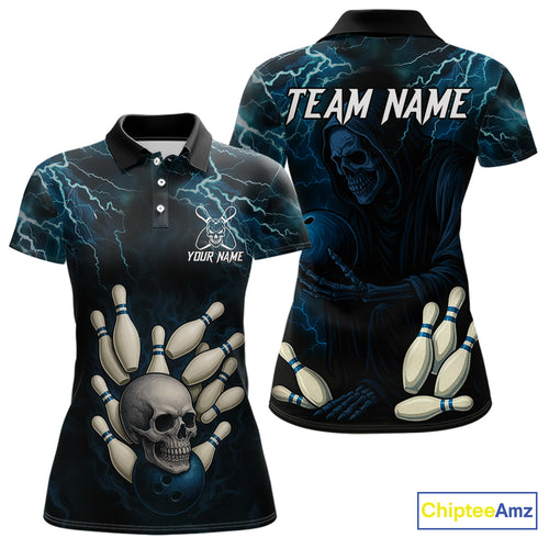 Blue Thunder Lightning Skull Reaper Bowling Polo, 1/4 Zip Shirts For Women Custom team bowling jerseys NQS9849