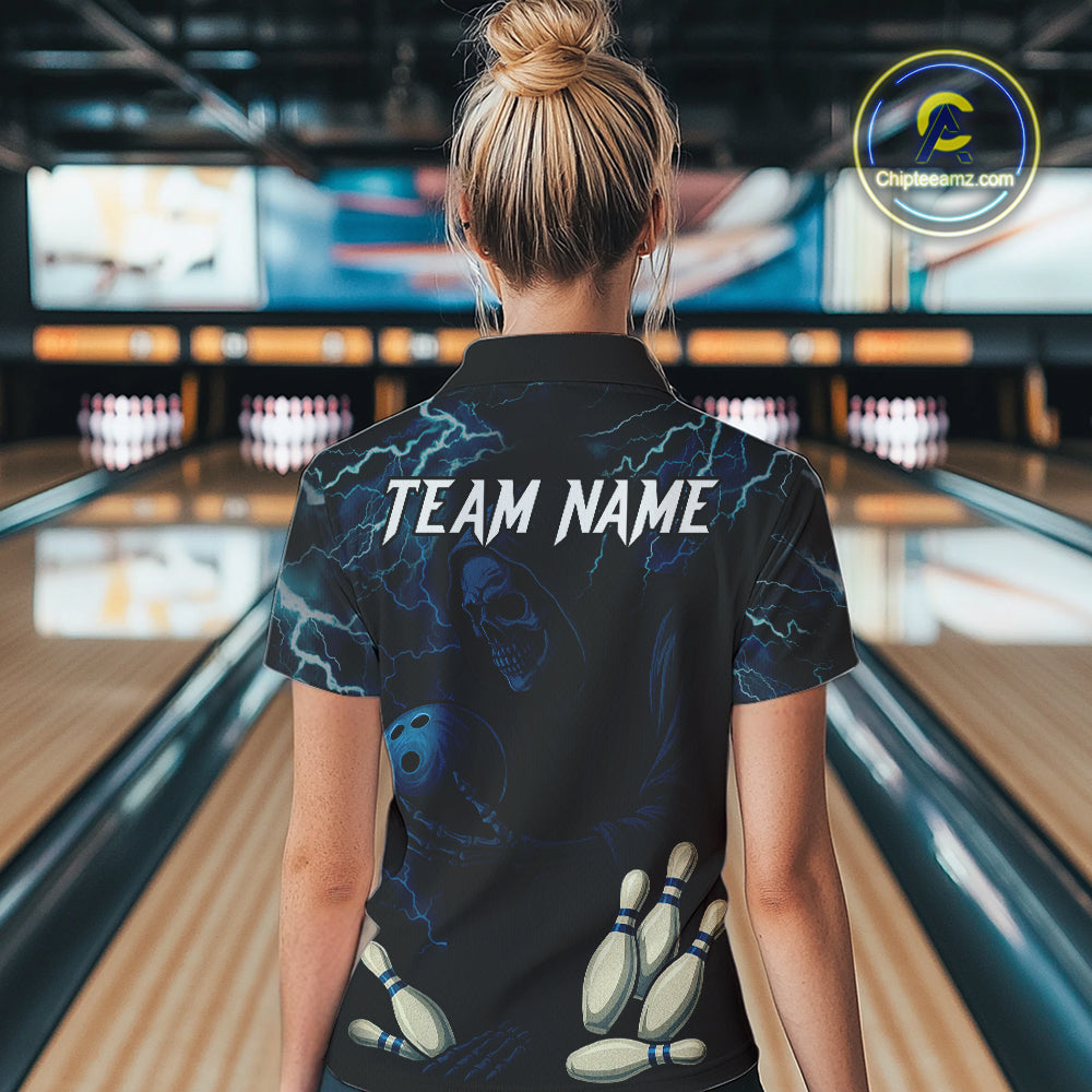 Blue Thunder Lightning Skull Reaper Bowling Polo, 1/4 Zip Shirts For Women Custom team bowling jerseys NQS9849