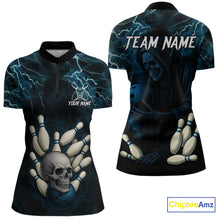 Load image into Gallery viewer, Blue Thunder Lightning Skull Reaper Bowling Polo, 1/4 Zip Shirts For Women Custom team bowling jerseys NQS9849