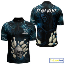 Load image into Gallery viewer, Blue Thunder Lightning Skull Reaper Bowling Polo, 1/4 Zip Shirts For Men Custom team bowling jerseys NQS9849
