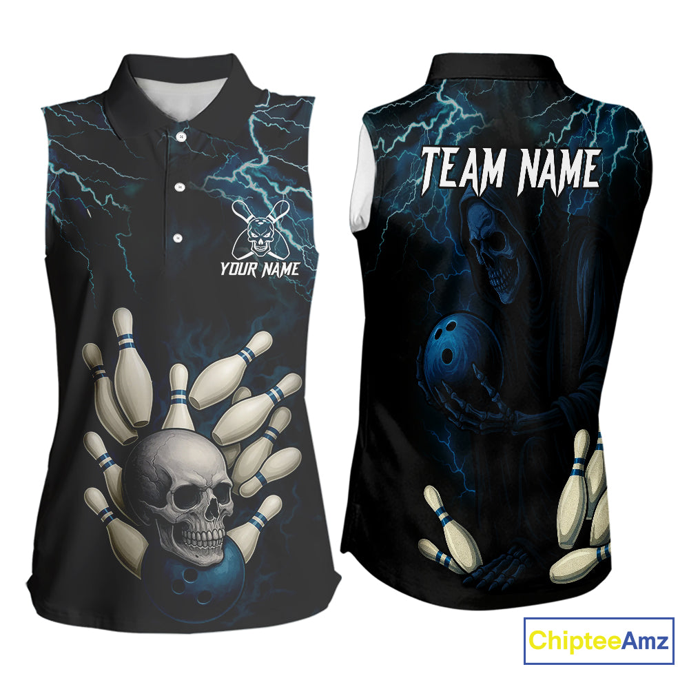 Blue Thunder Lightning Skull Reaper Bowling Sleeveless Polo shirt Custom team bowling jersey NQS9849