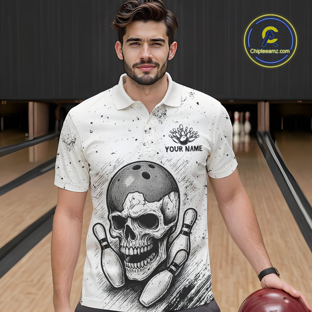 Black and White Grunge Skull Bowling Polo, 1/4 Zip Shirts For Men Custom Skull team bowling jerseys NQS9854