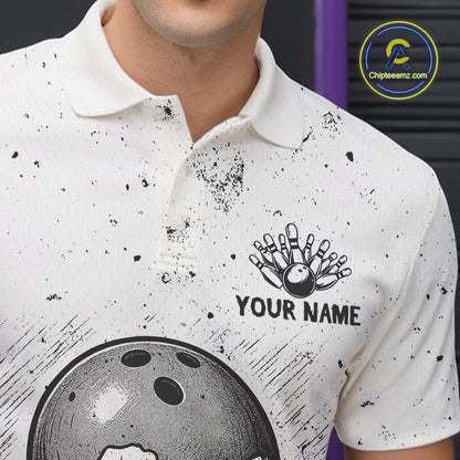 Black and White Grunge Skull Bowling Polo, 1/4 Zip Shirts For Men Custom Skull team bowling jerseys NQS9854