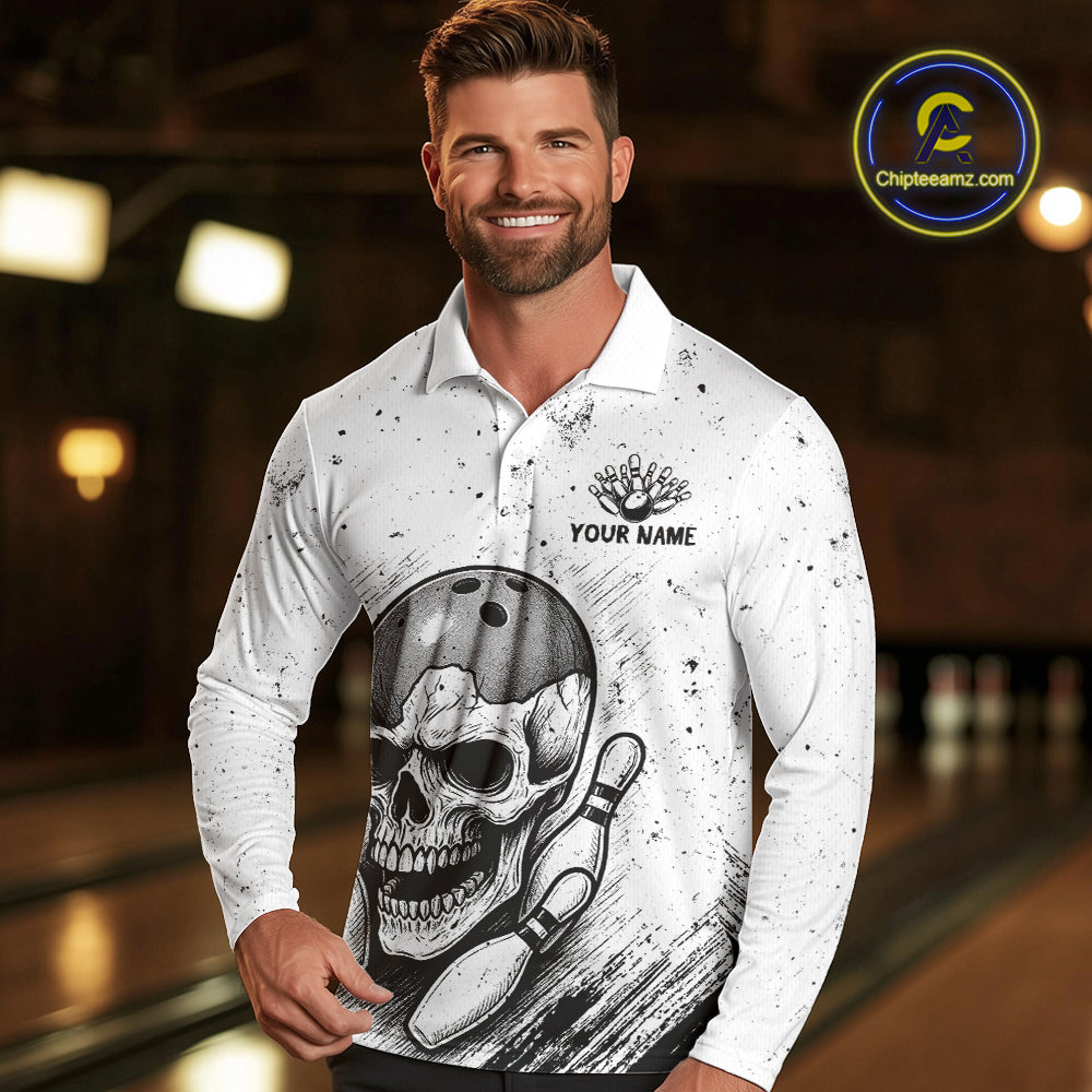 Black and White Grunge Skull Bowling Polo, 1/4 Zip Shirts For Men Custom Skull team bowling jerseys NQS9854