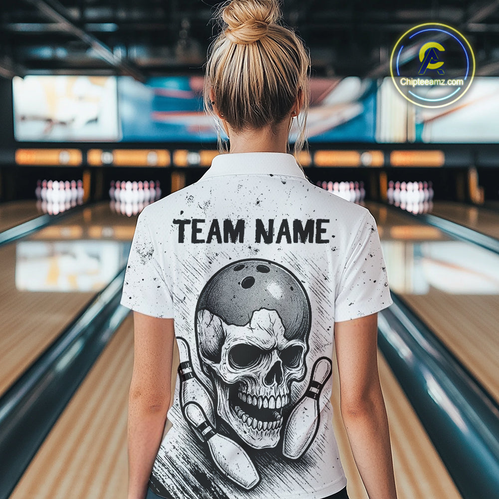 Black and White Grunge Skull Bowling Polo, 1/4 Zip Shirts For Women Custom Skull team bowling jerseys NQS9854