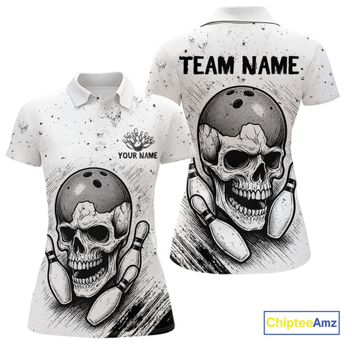 Black and White Grunge Skull Bowling Polo, 1/4 Zip Shirts For Women Custom Skull team bowling jerseys NQS9854