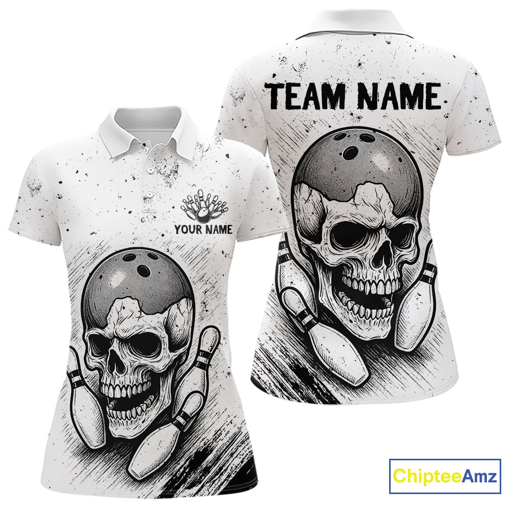 Black and White Grunge Skull Bowling Polo, 1/4 Zip Shirts For Women Custom Skull team bowling jerseys NQS9854