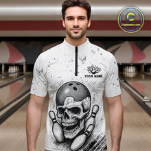 Load image into Gallery viewer, Black and White Grunge Skull Bowling Polo, 1/4 Zip Shirts For Men Custom Skull team bowling jerseys NQS9854