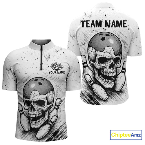 Black and White Grunge Skull Bowling Polo, 1/4 Zip Shirts For Men Custom Skull team bowling jerseys NQS9854