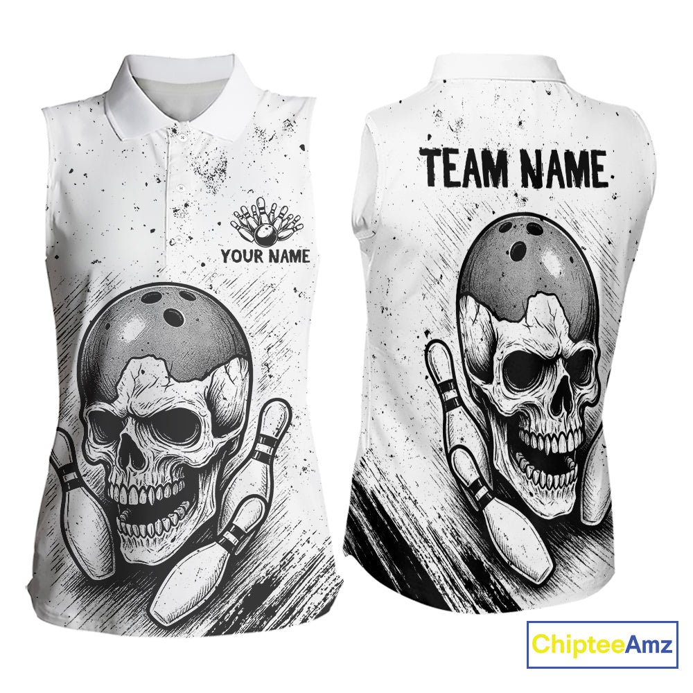 Black and White Grunge Skull Bowling Sleeveless Polo shirt Custom Skull team bowling jerseys NQS9854