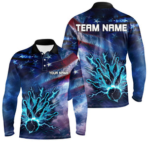 Personalized American flag blue lightning thunder Bowling shirts For Men Custom Team Bowling Jerseys NQS7686