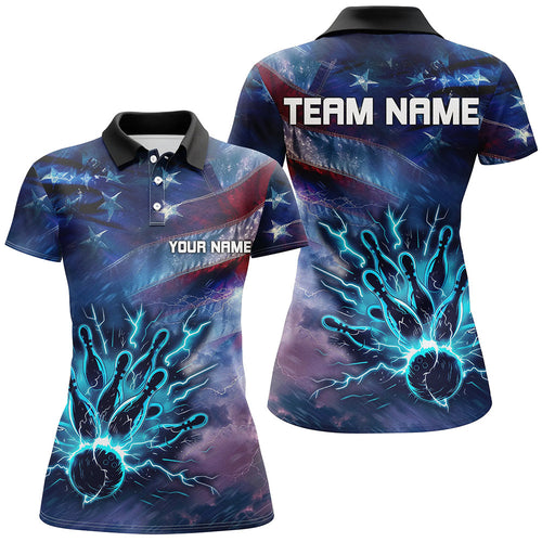 Personalized American flag blue lightning thunder Bowling shirts For Women Custom Team Bowling Jerseys NQS7686