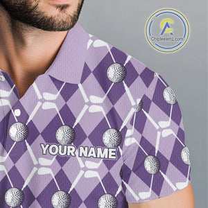 Mens golf polo shirts custom purple argyle plaid pattern golf attire for men, golfer gifts NQS10078