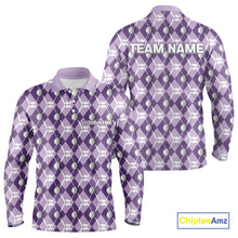 Load image into Gallery viewer, Mens golf polo shirts custom purple argyle plaid pattern golf attire for men, golfer gifts NQS10078