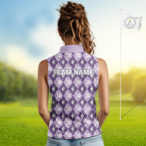Women sleeveless polo shirt custom purple argyle plaid pattern golf attire for ladies, golfer gifts NQS10078