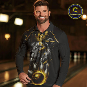 Custom Black and Gold Lion Bowling Polo, Quarter Zip shirts for Men, Lion Team Bowling Jerseys NQS10231