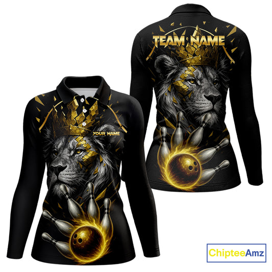 Custom Black and Gold Lion Bowling Polo, Quarter Zip shirts for Women, Lion Team Bowling Jerseys NQS10231