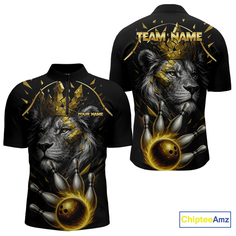 Custom Black and Gold Lion Bowling Polo, Quarter Zip shirts for Men, Lion Team Bowling Jerseys NQS10231
