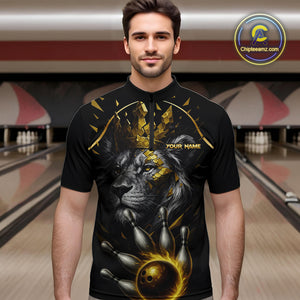Custom Black and Gold Lion Bowling Polo, Quarter Zip shirts for Men, Lion Team Bowling Jerseys NQS10231