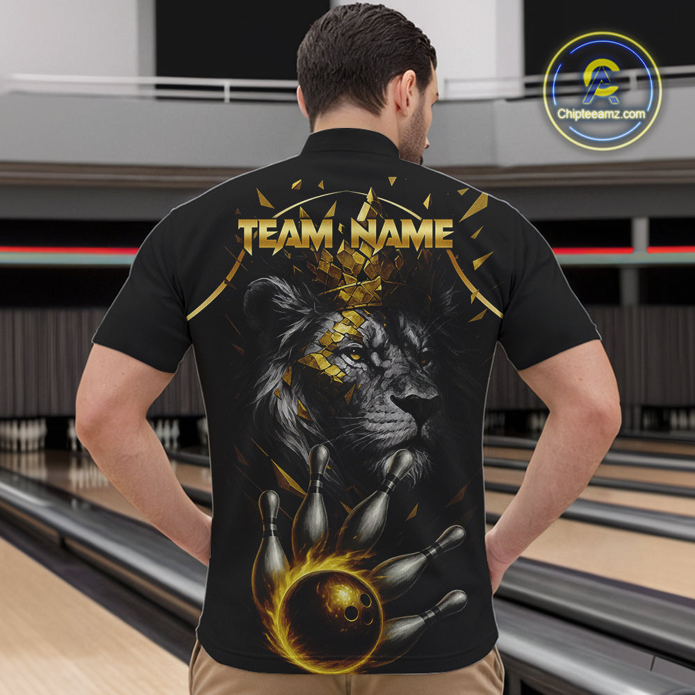 Custom Black and Gold Lion Bowling Polo, Quarter Zip shirts for Men, Lion Team Bowling Jerseys NQS10231