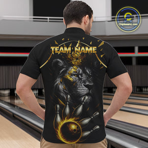 Custom Black and Gold Lion Bowling Polo, Quarter Zip shirts for Men, Lion Team Bowling Jerseys NQS10231