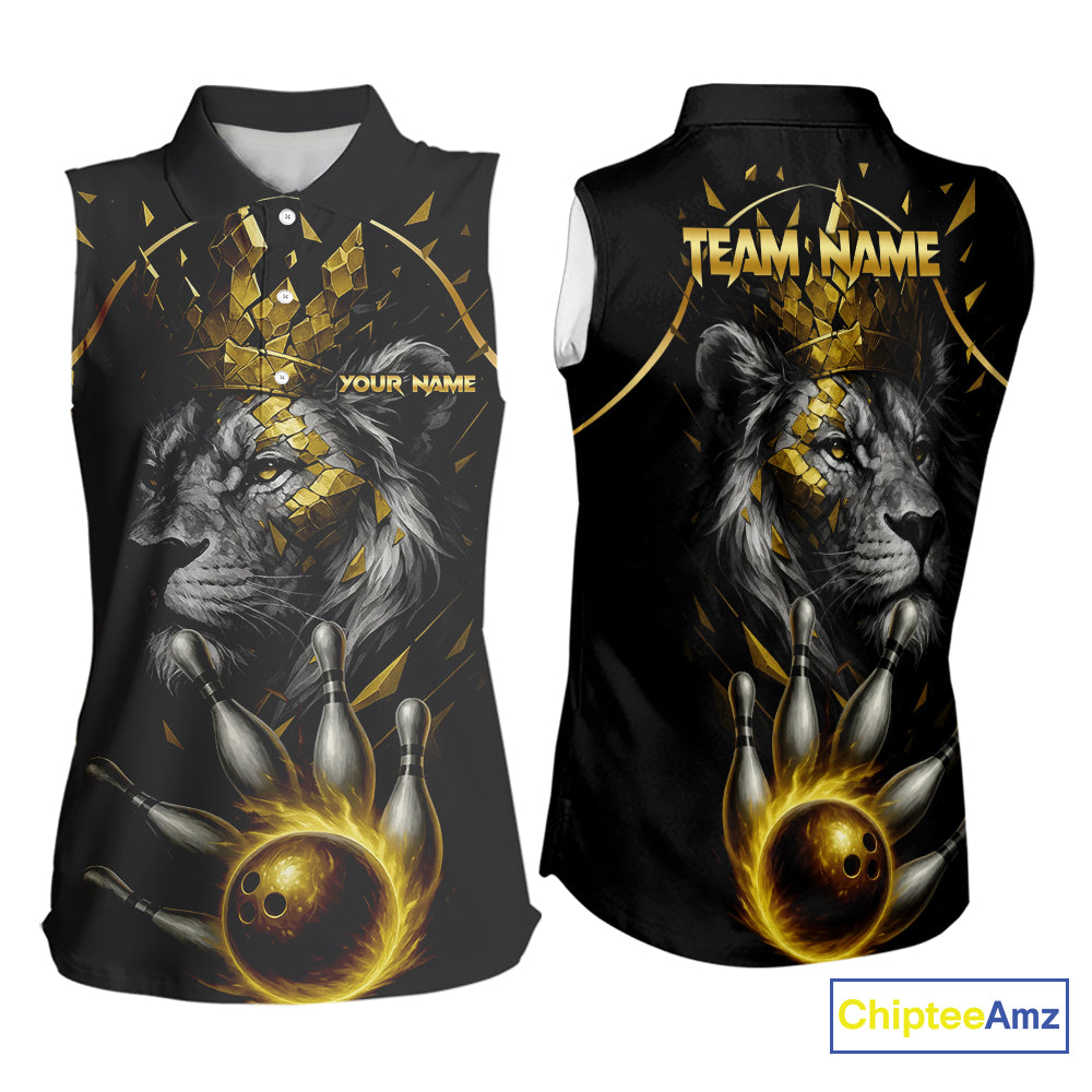 Custom Black and Gold Lion Bowling Sleeveless Polo shirt for Women, Lion Team Bowling Jerseys NQS10231