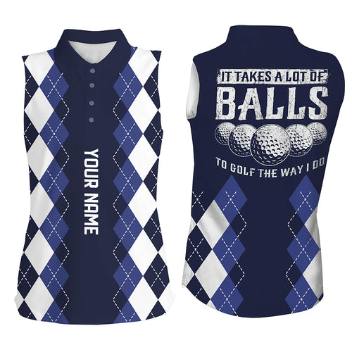 Womens sleeveless polo shirt custom it takes a lot of balls to golf the way I do argyle pattern | Navy NQS6092