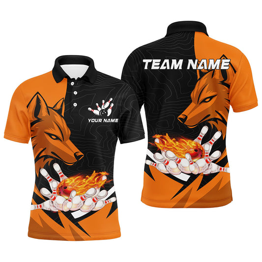 Black and Orange Flame Bowling Polo, Quarter Zip Shirts For Men Custom Wolf Bowling Team League Jersey NQS8643
