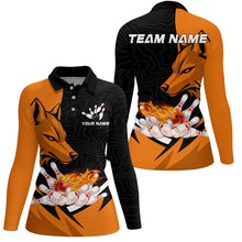 Load image into Gallery viewer, Black and Orange Flame Bowling Polo, 1/4 Zip Shirts For Women Custom Wolf Bowling Team League Jersey NQS8643