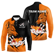 Load image into Gallery viewer, Black and Orange Flame Bowling Polo, Quarter Zip Shirts For Men Custom Wolf Bowling Team League Jersey NQS8643