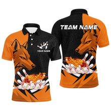 Load image into Gallery viewer, Black and Orange Flame Bowling Polo, Quarter Zip Shirts For Men Custom Wolf Bowling Team League Jersey NQS8643